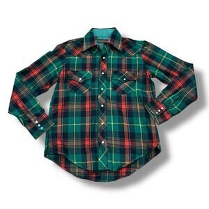 Vintage David Harrison Men’s Size S Green Plaid Flannel Button-Up Shirt